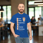 Man wearing a blue t-shirt with a coffee cup graphic and text on a white background