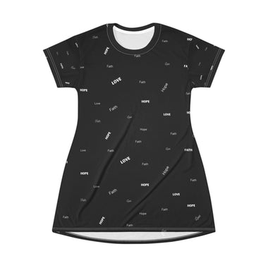 Black t-shirt dress with white text pattern with words Faith, hope, love worn by a model on a white background