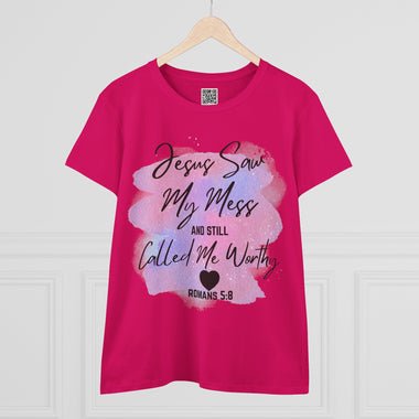 Jesus Saw My Mess and Still Called Me Worthy Women's Cotton Faith Tee - Inspirational Christian T-Shirt, Bible Verse Gift, Uplifting Message Apparel, Everyday Wear