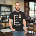Man wearing a black t-shirt with a coffee cup graphic and text on a white background