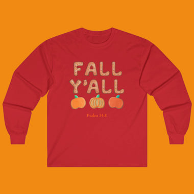 White sweatshirt with 'Fall Y'all' text and pumpkins on a white background