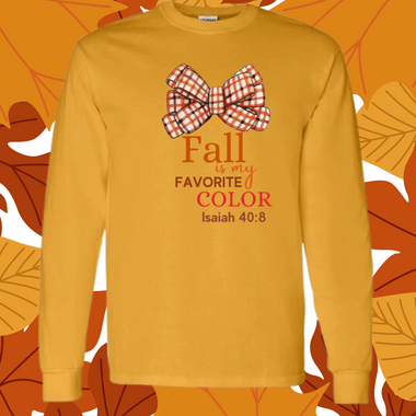 A gold long-sleeve T-shirt with text 'Fall is my Favorite Color' and a bow tie design in orange and yellow colors.