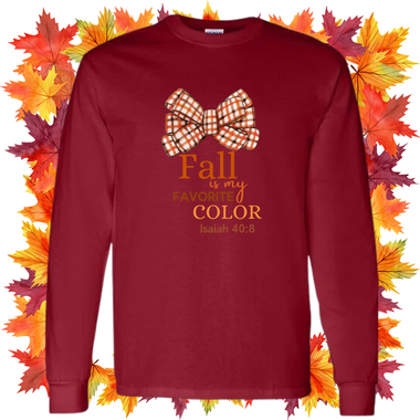 A black long sleeve T-shirt with text 'Fall is my Favorite Color' and a bow tie design in orange and yellow colors.