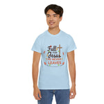 Fall for Jesus He Never Leaves Unisex Heavy Cotton Tee, Christian Gift, Casual T-Shirt, Autumn Apparel, Faith-based Clothing