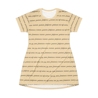 Beige t-shirt dress with text of fruits of the spirit worn by a model