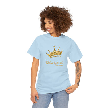 Gold crown above words "Child of God - John 1:12" Black Shirt Front