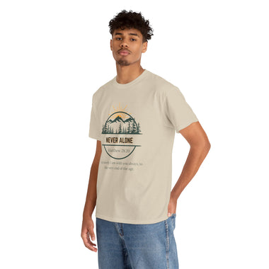 Never Alone T‑Shirt — Christian Outdoor Faith Tee (Matthew 28:20)