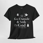 Black t-shirt with white text and graphics on a light gray background