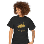 Gold crown above words "Child of God - John 1:12" Black Shirt Front