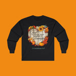 Black long-sleeve tee shirt with autumn-themed design says "Fall is Proof that Change is Beautiful"