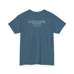 Blue t-shirt with a biblical verse on the back against a white background