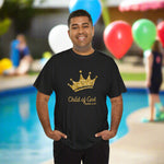Man wearing a black t-shirt with gold crown and text design