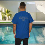 Man wearing a blue t-shirt with John 1:12 text on the back