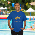 Man wearing a blue t-shirt with a gold crown and 'Child of God' text