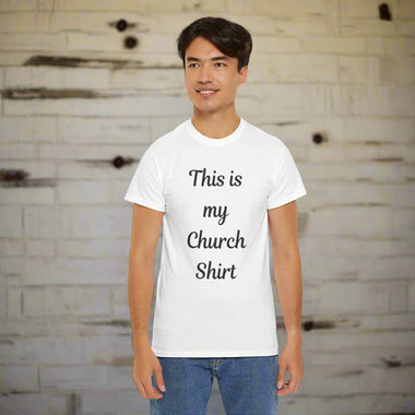 Person wearing a white t-shirt with 'This is my Church Shirt' text 