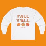 White sweatshirt with 'Fall Y'all' text and pumpkins on a white background