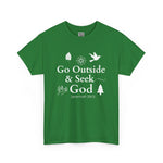 Green t-shirt with white text and nature-themed graphics on a white background
