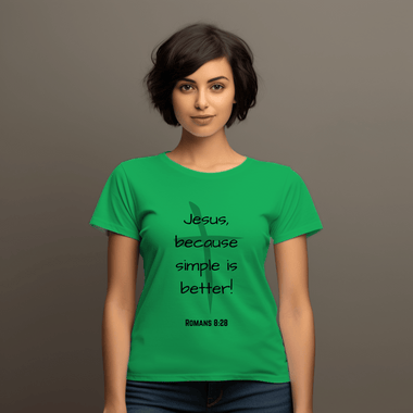 Person wearing a green t-shirt with text , "Jesus, because life is better" on a plain background