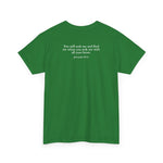 Green t-shirt with a biblical quote on the back against a white background