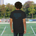 Person wearing a black t-shirt with blue text of Hebrews chapter 11 verse 6 on the back