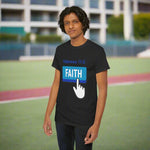 Person wearing a black t-shirt with 'FAITH' text and button graphic