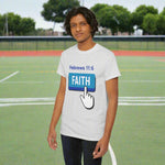 Person wearing a t-shirt with 'FAITH' graphic and Hebrews 11:6 text