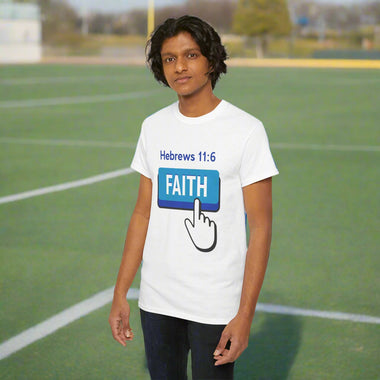 Person wearing a t-shirt with 'FAITH' graphic and Hebrews 11:6 text