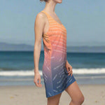 Woman wearing a colorful dress with Lord's Prayer text design