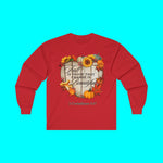 Red long-sleeve tee shirt with autumn-themed design says "Fall is Proof that Change is Beautiful"