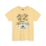 Yellow t-shirt with Jesus Saw My Mess and Still Called Me Worthy quote and design on a white background