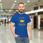 Man wearing a blue t-shirt with a yellow crown graphic and text Son of the Most High King 2 Corinthians 6 verse 18