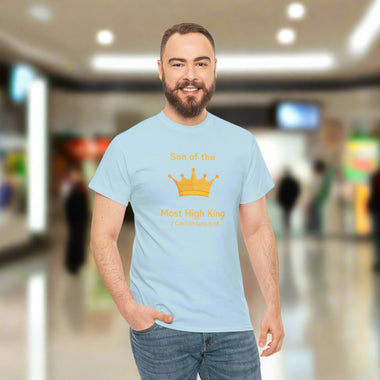 Man wearing a blue t-shirt with a yellow crown graphic and text Son of the Most High King 2 Corinthians 6 verse 18