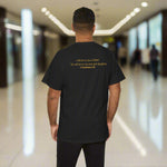 Person wearing a black t-shirt with a yellow text of 2 Corinthians 6 verse 18 quote on the back