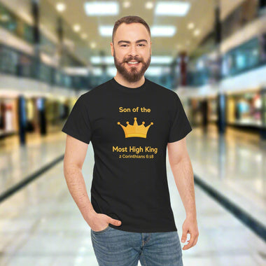 Man wearing a blue t-shirt with a yellow crown graphic and text Son of the Most High King 2 Corinthians 6 verse 18