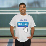 Man wearing a gray t-shirt with 'BELIEVE' and 'John 3:16' text