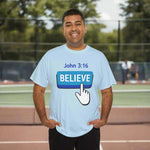 Man wearing a light blue t-shirt with 'BELIEVE' and 'John 3:16' text 