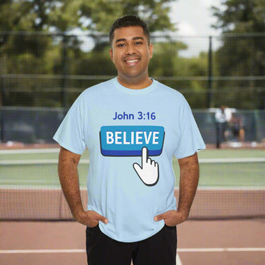 Man wearing a light blue t-shirt with 'BELIEVE' and 'John 3:16' text 