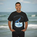 Man wearing a black t-shirt with a whale graphic and text What were you thinking Jonah's Journey God's Grace