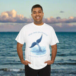 Man wearing a white t-shirt with a whale tail graphic and text What were you thinking