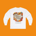 White long-sleeve tee shirt with autumn-themed design says "Fall is Proof that Change is Beautiful"