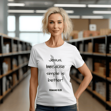 Person wearing a pink t-shirt with text , "Jesus, because life is better" on a plain background
