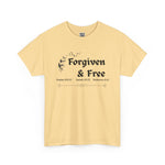 Yellow t-shirt with 'Forgiven & Free' text 